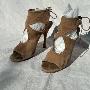 Aquazzura Tan Peep-Toe Heels with Lace-Up Detail